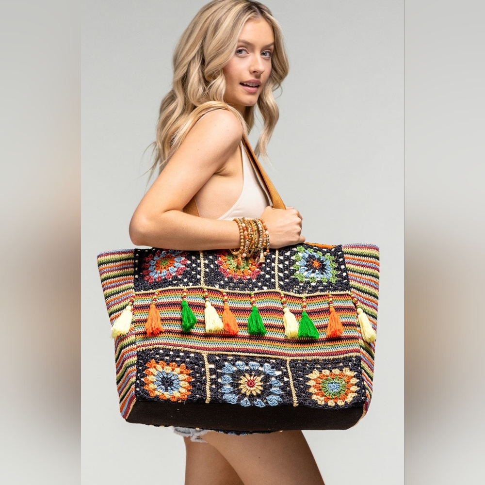 Vibrant Floral & Striped Hand Crocheted Shoulder Bag w/ Colorful Tassel Accents - Picture 4 of 11